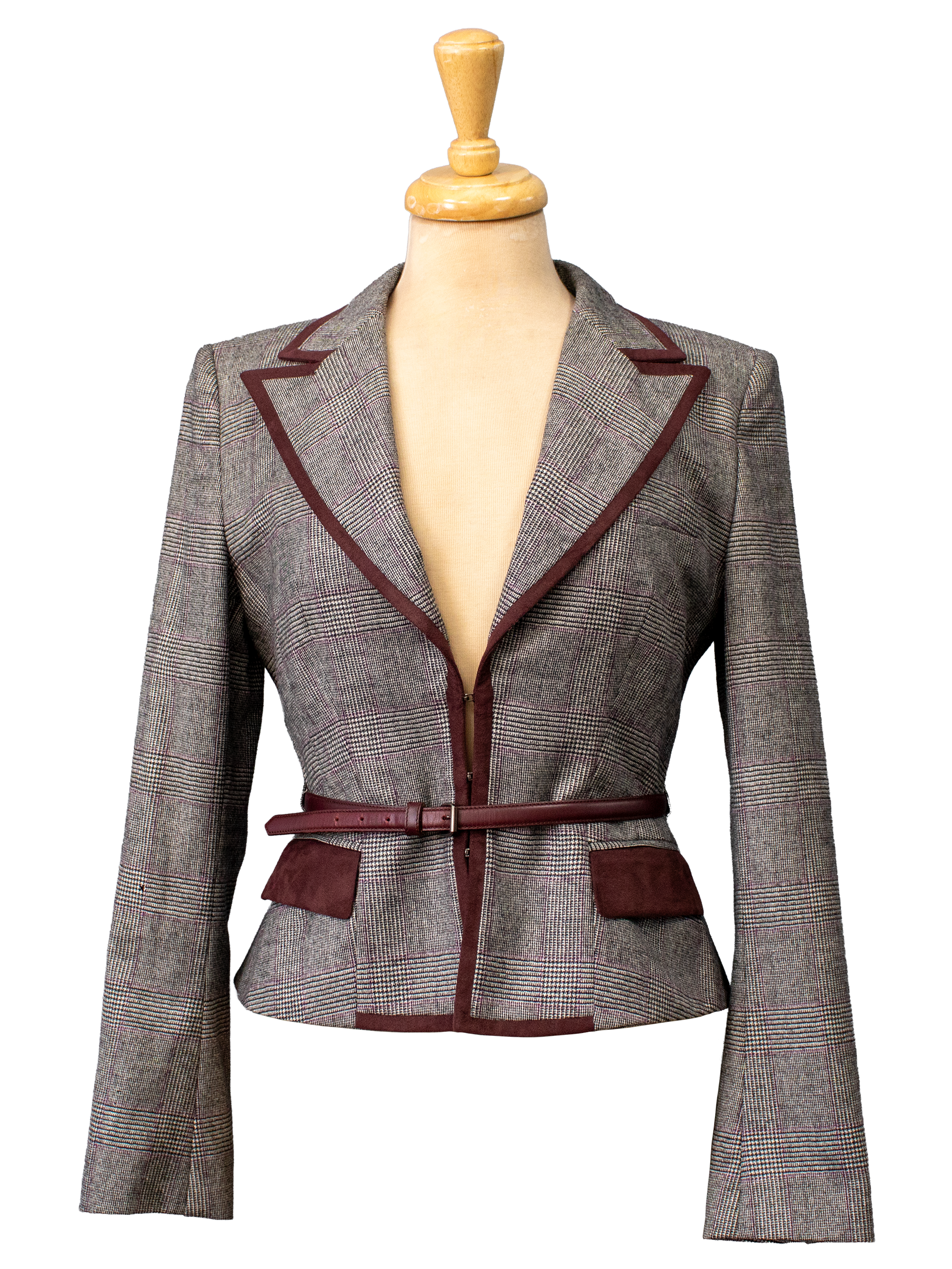 Grey Plaid Blazer with Maroon Details